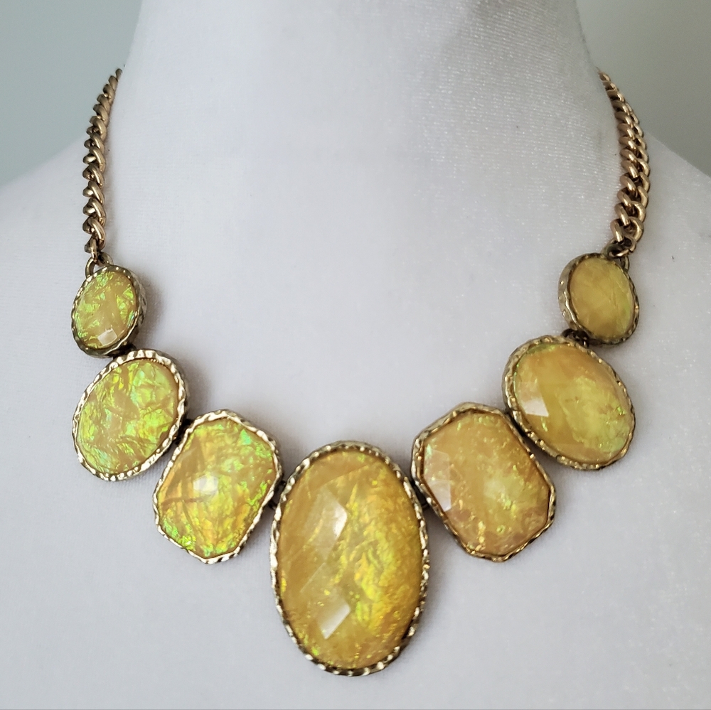 Elegant Yellow Opulescent Stone Statement Necklace / Bib Necklace Sparkly Shiny